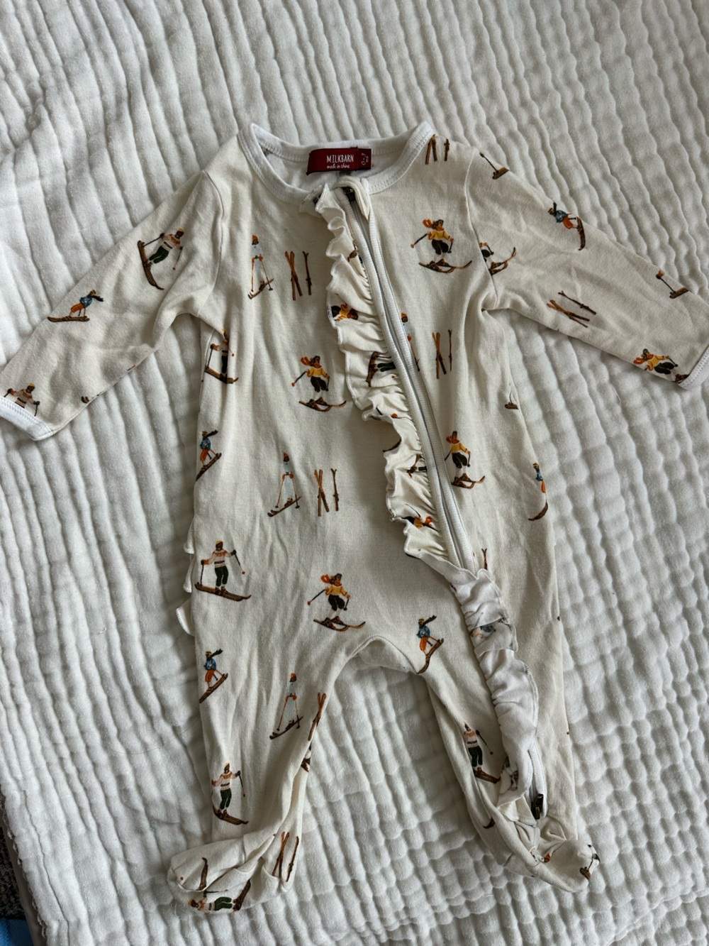 Cream Ski Print Ruffle One-Piece for Kids